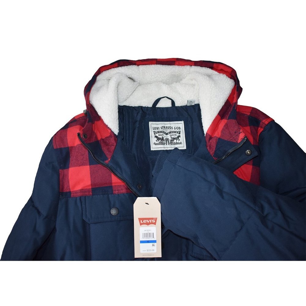 Levi's Men's Jacket Heavyweight Mid-Length Hooded Military Puffer Navy Red Plaid - Picture 5 of 6